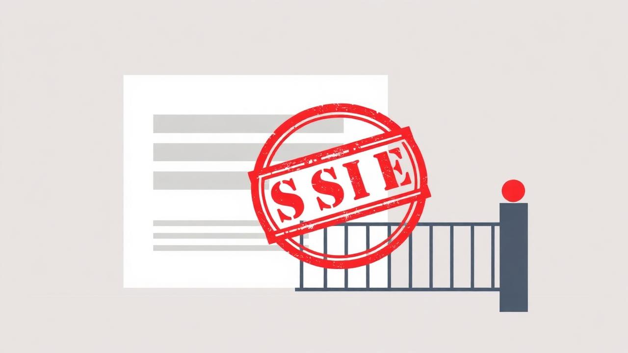 Editorial illustration of a stamp and a barrier gate