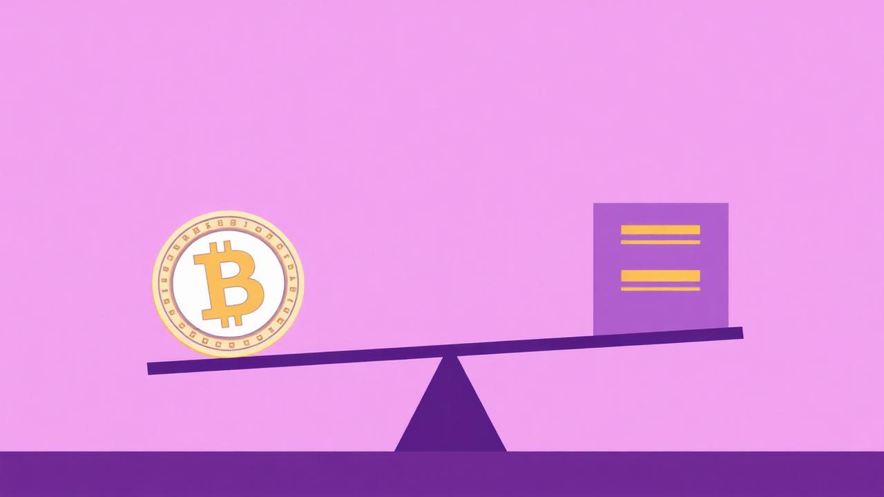 Editorial illustration of a coin and a digital block on a balance