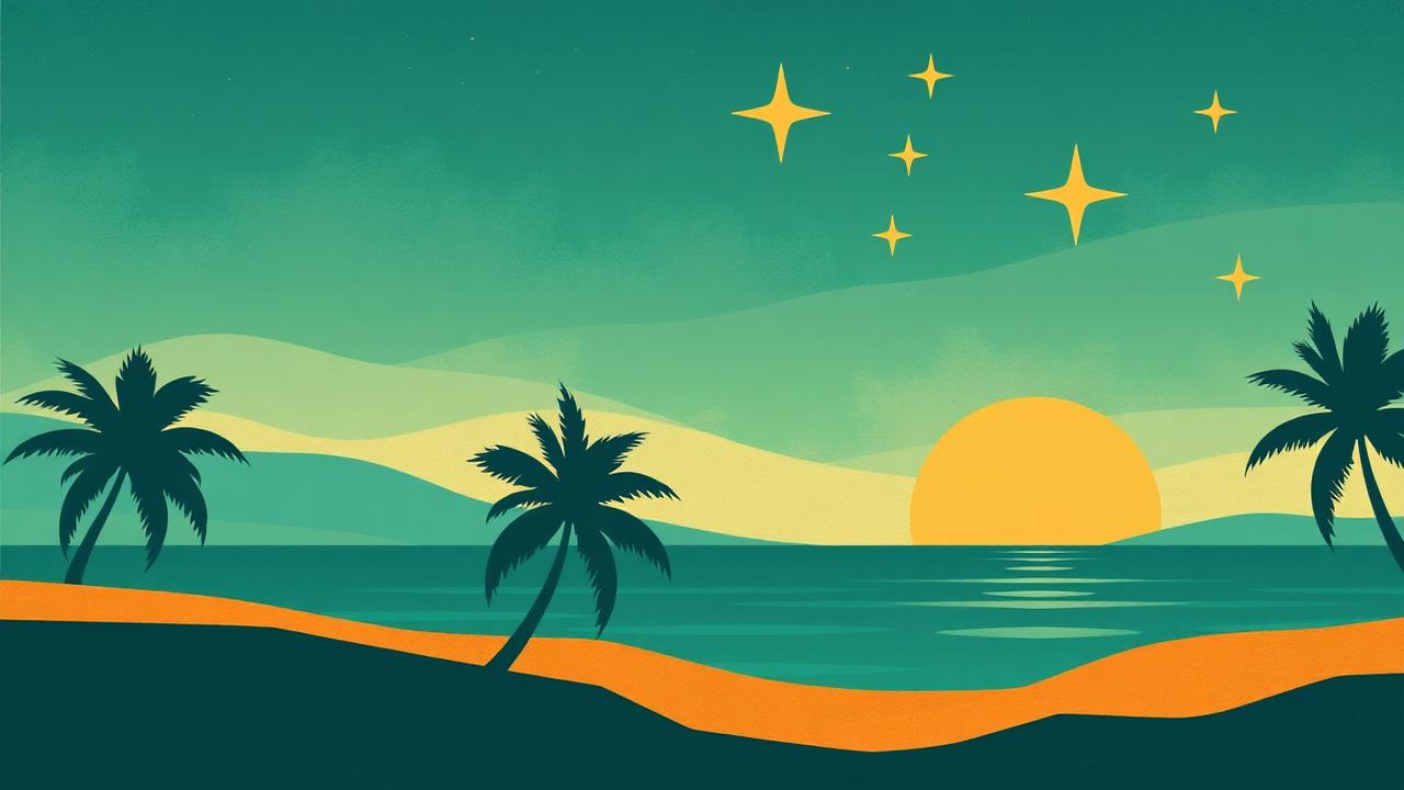 Editorial illustration with palm silhouettes and southern cross stars