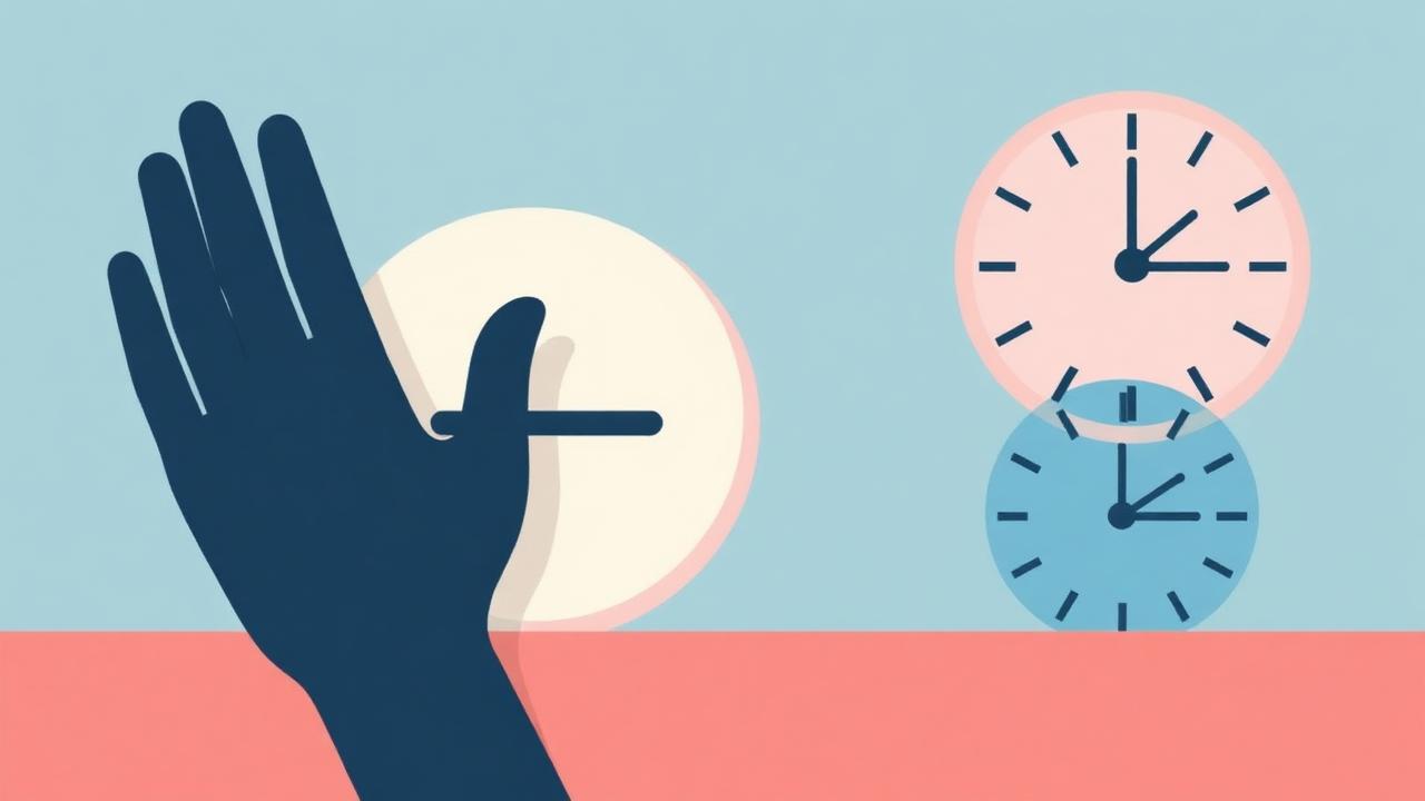 Editorial illustration of a hand and clocks suggesting time and pause