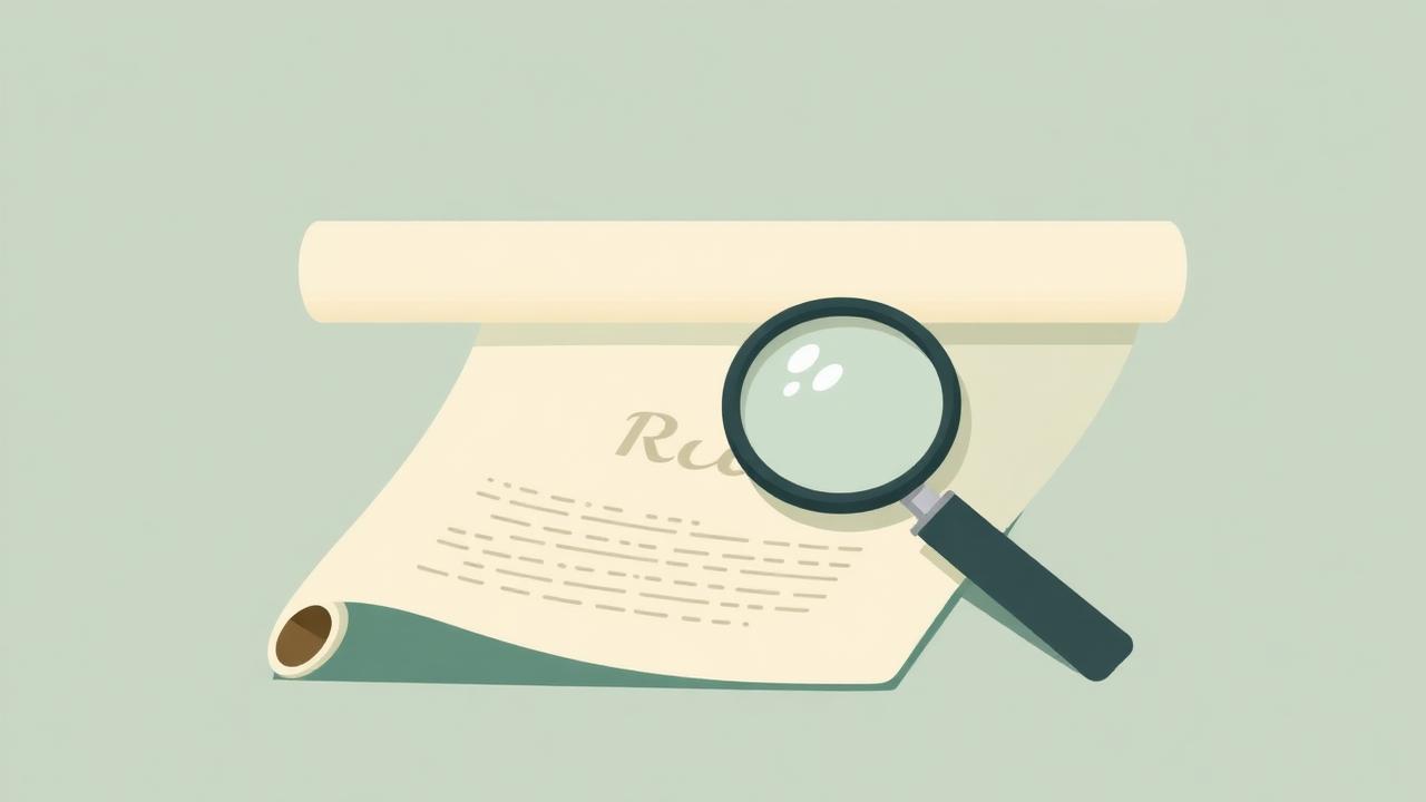 Editorial illustration of a scroll and a magnifier